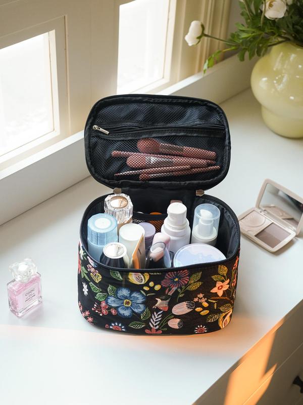 Random Flower Pattern Makeup Bag, Large Capacity Travel Toiletry Bag, Portable Zipper Cosmetic Storage Bag, Travel Essentials