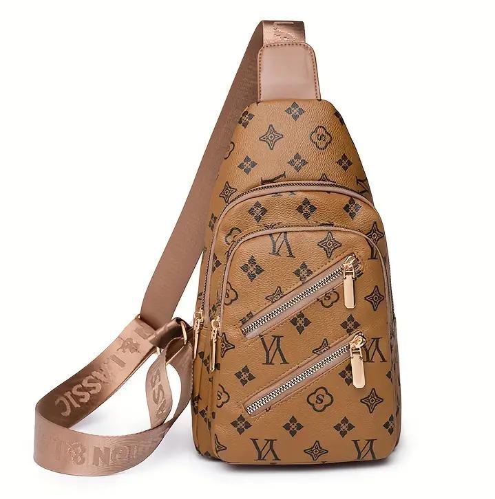 Retro Letter Print Sling Backpack Multi Pockets Chest Bag Pu Leather Crossbody Bag