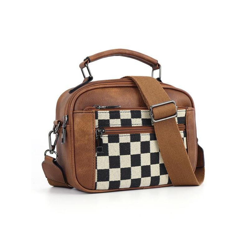 Checkerboard Pattern Colorblock Crossbody Bag, Fashion Pu Leather Waterproof Zipper Shoulder Bag for Women, Designer Crossbody Bags for Women, Casual Trendy Versatile High-quality Daily Commuting Bag