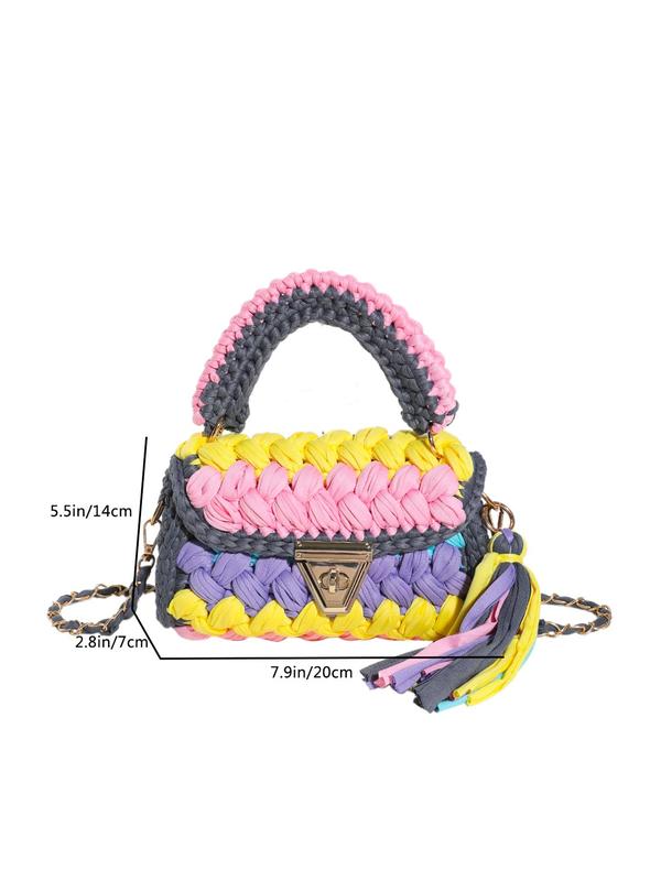 2024 Summer Colorblock Tassel Decor Crossbody Bag for Women As Gifts, Casual Designer Crossbody Purse, Back To School Shoulder Bag, Boho Flap Square Bag, Fall Outfits, Fall Freshness Fall Outfits Unique Everyday Designer Bags