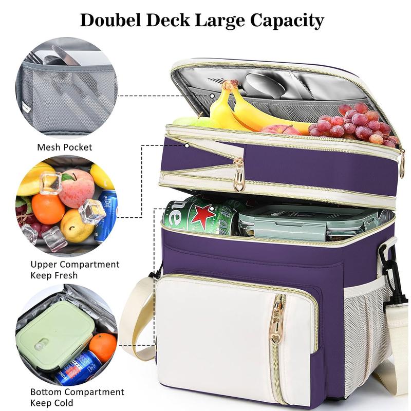 Lunch Box for Women-Insulated Lunch Bag for women  -Expandable Double Cooler Bag-Reusable Adult Lunchbox with Adjustable Shoulder Strap (Purple lunch bag