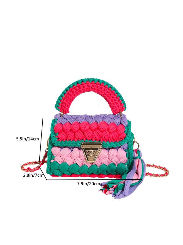 2024 Summer Colorblock Tassel Decor Crossbody Bag for Women As Gifts, Casual Designer Crossbody Purse, Back To School Shoulder Bag, Boho Flap Square Bag, Fall Outfits, Fall Freshness Fall Outfits Unique Everyday Designer Bags