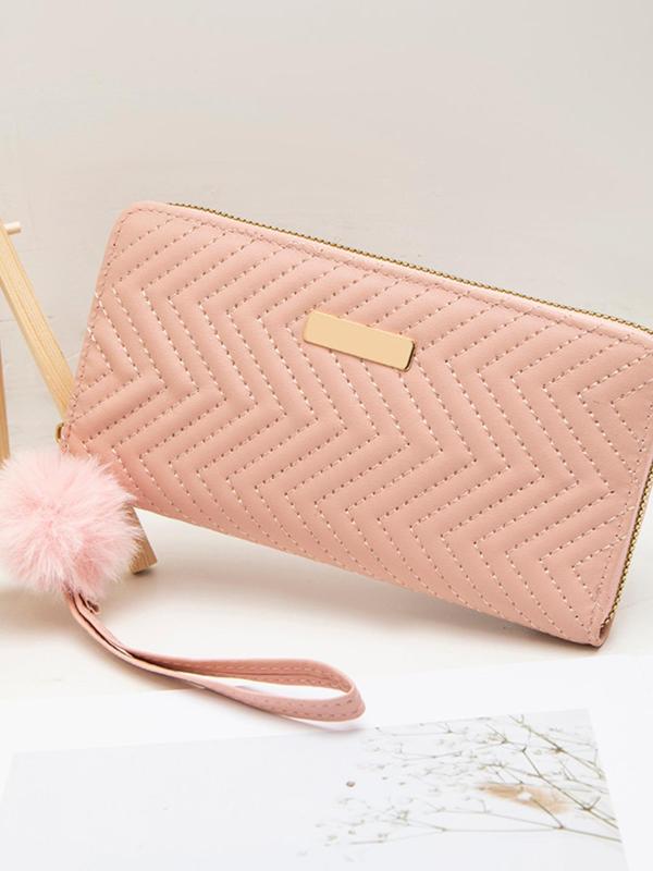 Women's Elegant Chevron Quilted Zipper Wallet with Plush Ball Charm, Fashionable Long Wallet for Daily Used, Casual Trendy Versatile High-quality Daily Wallet