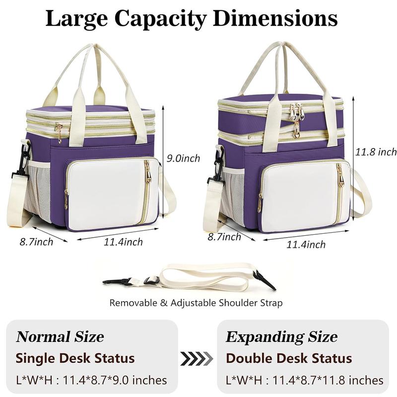 Lunch Box for Women-Insulated Lunch Bag for women  -Expandable Double Cooler Bag-Reusable Adult Lunchbox with Adjustable Shoulder Strap (Purple lunch bag