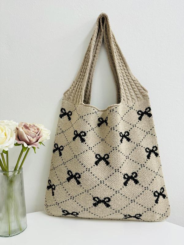 Fashion Bowknot Fruit Pattern Woven Shoulder Bag, Summer Large Capacity Crochet Bag for Women, Casual Trendy Versatile High-quality Daily Commuting Bag, Girl Fashionable Shopping Bag