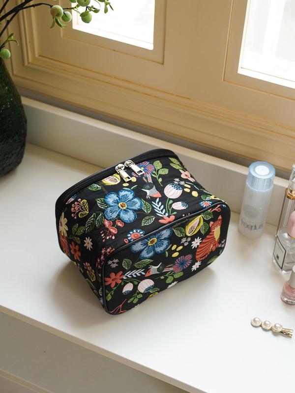 Random Flower Pattern Makeup Bag, Large Capacity Travel Toiletry Bag, Portable Zipper Cosmetic Storage Bag, Travel Essentials