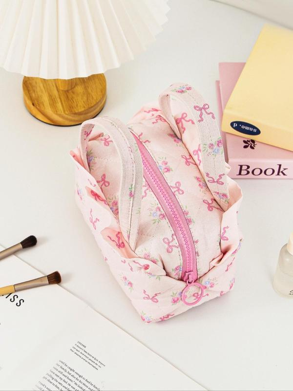 Floral & Bow Pattern Cosmetic Bag, Large Capacity Quilted Cosmetic Bag with Handle, Girls Makeup Bag, Student Make Up Bag, Cosmetics Brush Storage Lipstick Bag