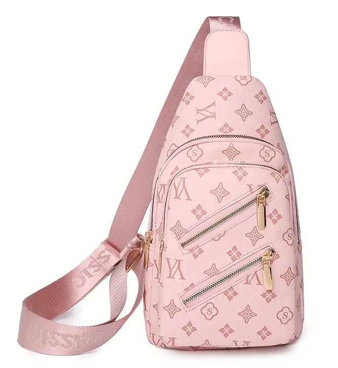 Retro Letter Print Sling Backpack Multi Pockets Chest Bag Pu Leather Crossbody Bag