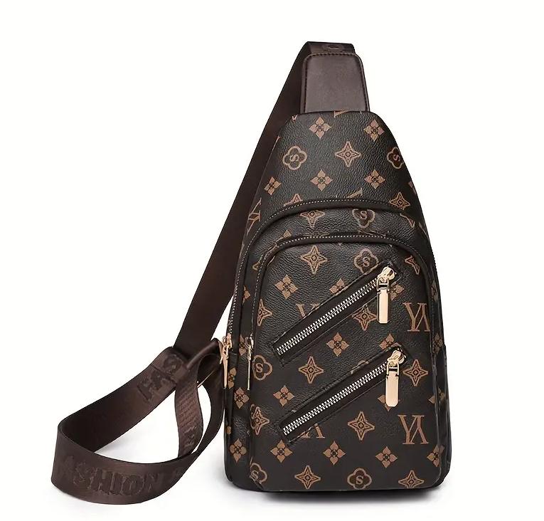 Retro Letter Print Sling Backpack Multi Pockets Chest Bag Pu Leather Crossbody Bag