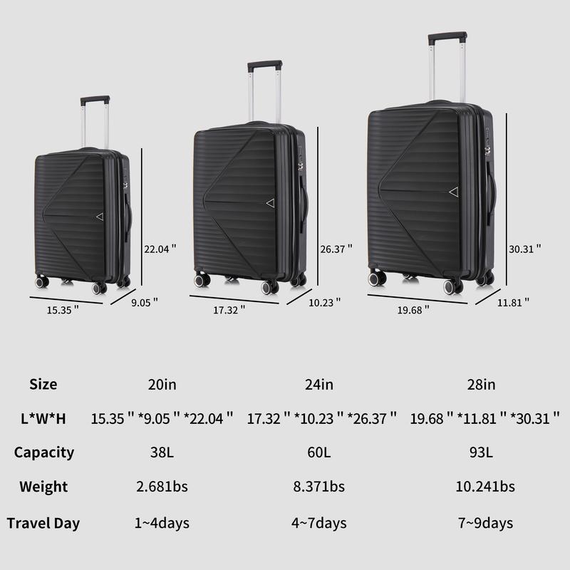 PP Luggage Sets 3 Piece(20 24 28) with TSA Lock, Expandable Carry On Luggage, Spinner Wheels - Black