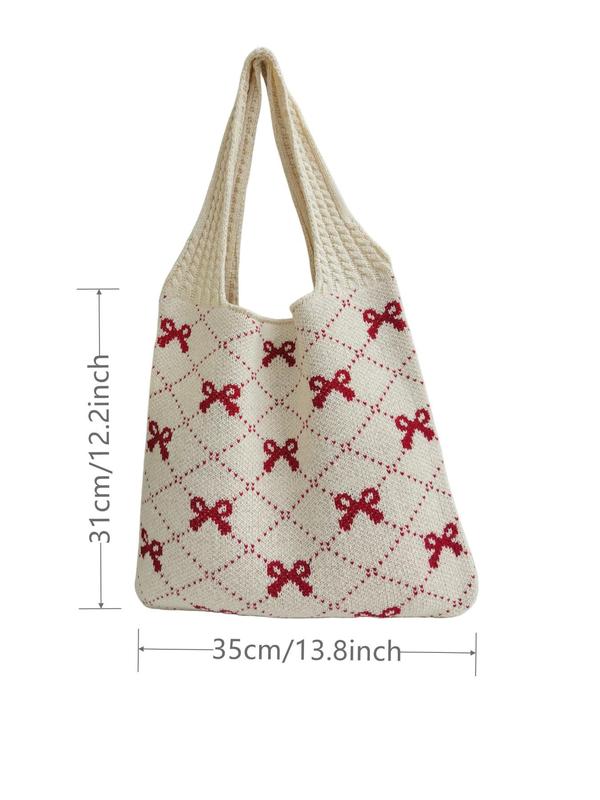 Fashion Bowknot Fruit Pattern Woven Shoulder Bag, Summer Large Capacity Crochet Bag for Women, Casual Trendy Versatile High-quality Daily Commuting Bag, Girl Fashionable Shopping Bag