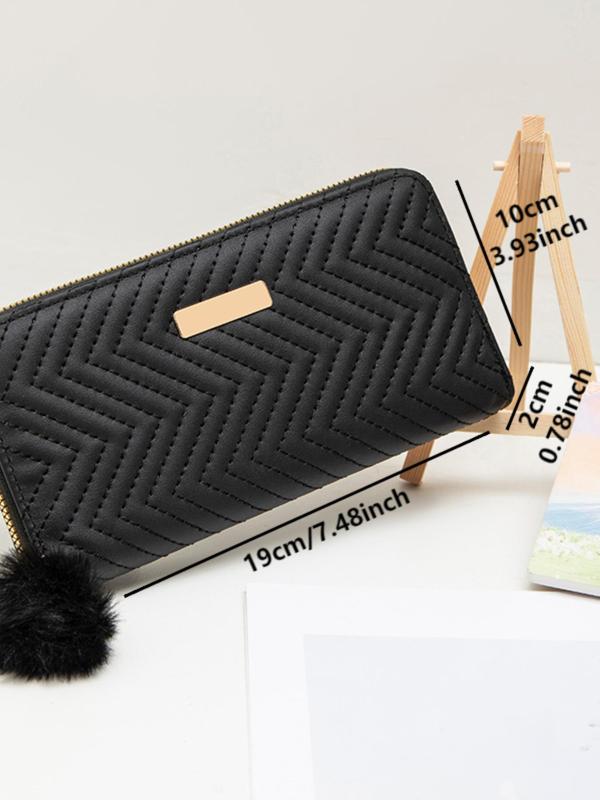 Women's Elegant Chevron Quilted Zipper Wallet with Plush Ball Charm, Fashionable Long Wallet for Daily Used, Casual Trendy Versatile High-quality Daily Wallet