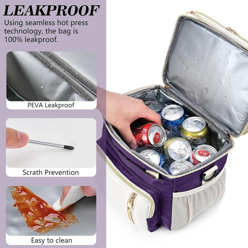 Lunch Box for Women-Insulated Lunch Bag for women  -Expandable Double Cooler Bag-Reusable Adult Lunchbox with Adjustable Shoulder Strap (Purple lunch bag