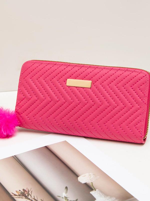 Women's Elegant Chevron Quilted Zipper Wallet with Plush Ball Charm, Fashionable Long Wallet for Daily Used, Casual Trendy Versatile High-quality Daily Wallet