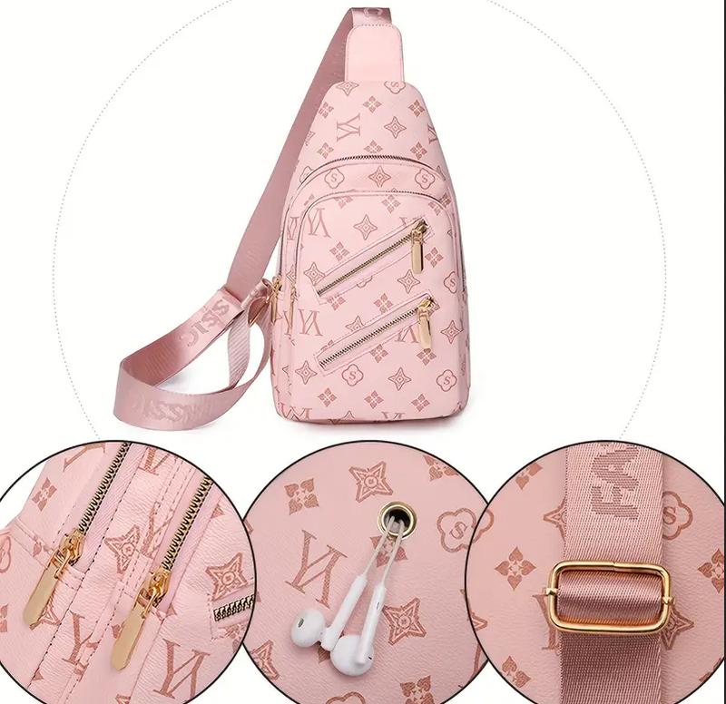 Retro Letter Print Sling Backpack Multi Pockets Chest Bag Pu Leather Crossbody Bag