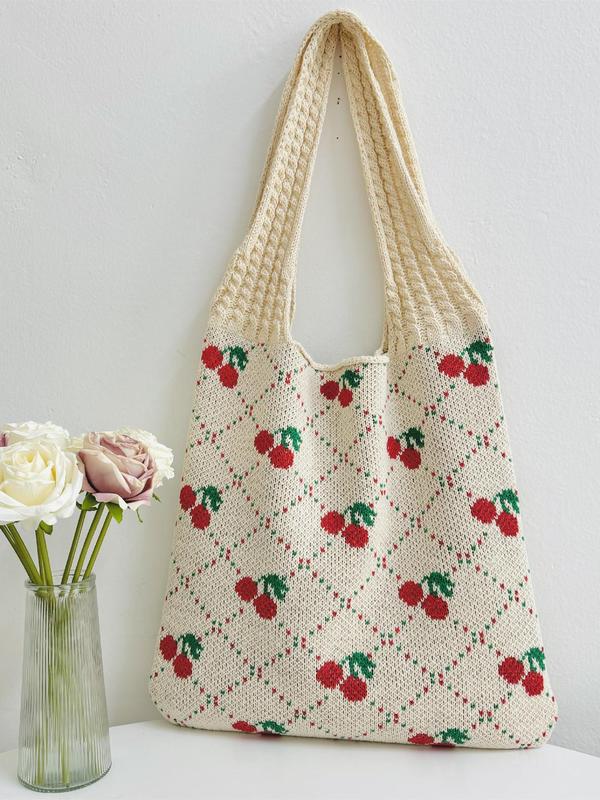 Fashion Bowknot Fruit Pattern Woven Shoulder Bag, Summer Large Capacity Crochet Bag for Women, Casual Trendy Versatile High-quality Daily Commuting Bag, Girl Fashionable Shopping Bag