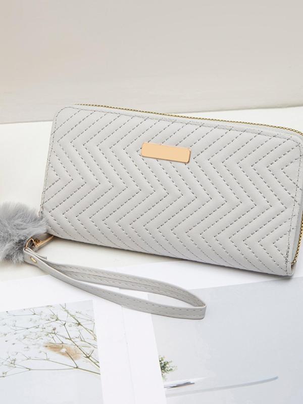 Women's Elegant Chevron Quilted Zipper Wallet with Plush Ball Charm, Fashionable Long Wallet for Daily Used, Casual Trendy Versatile High-quality Daily Wallet