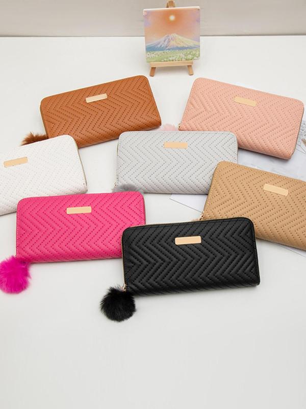 Women's Elegant Chevron Quilted Zipper Wallet with Plush Ball Charm, Fashionable Long Wallet for Daily Used, Casual Trendy Versatile High-quality Daily Wallet