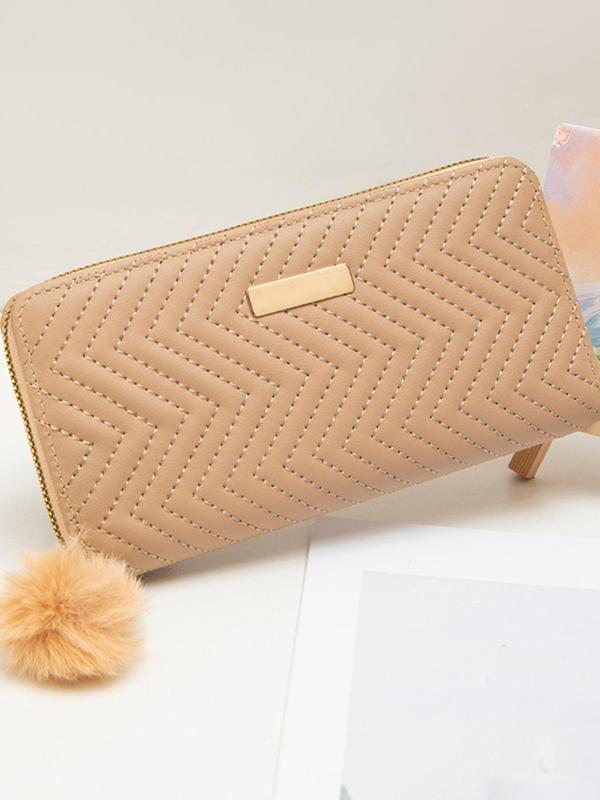 Women's Elegant Chevron Quilted Zipper Wallet with Plush Ball Charm, Fashionable Long Wallet for Daily Used, Casual Trendy Versatile High-quality Daily Wallet